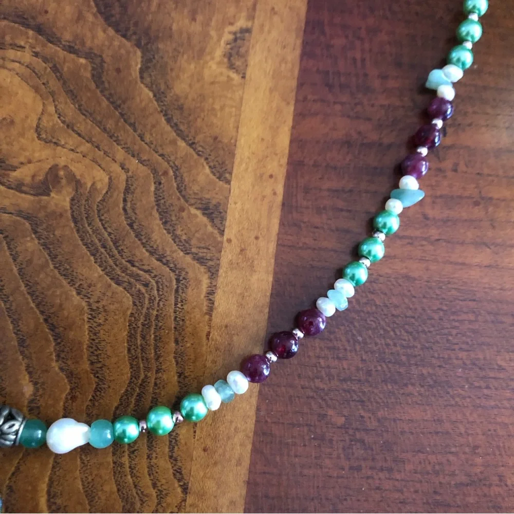 Handcrafted repurpose vintage tree pendant genuine stone pearl necklace
